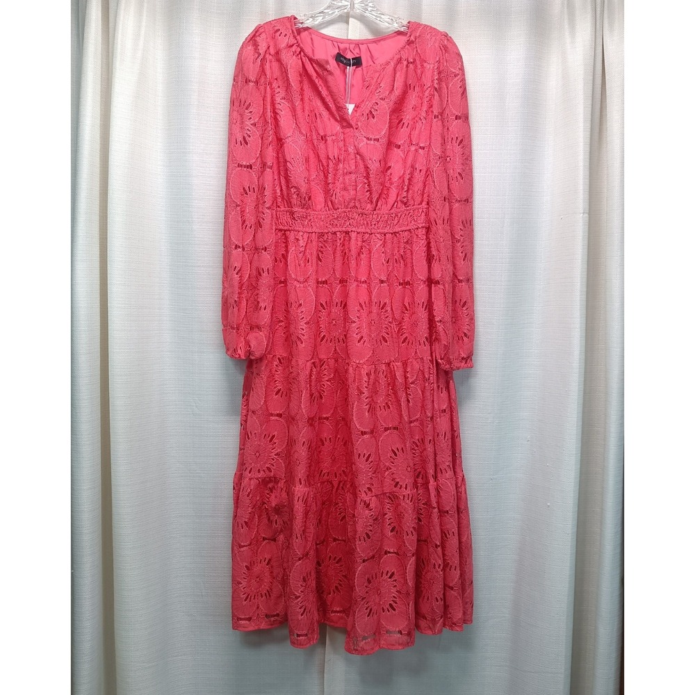 Merokeety Womens S Coral Pink Floral Eyelet Lace V-Neck Smocked Midi Dress NWT